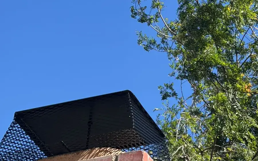 Chimney cap with mesh screen on a brick chimney