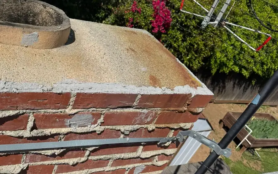 Chimney crown and brick with worn mortar joints